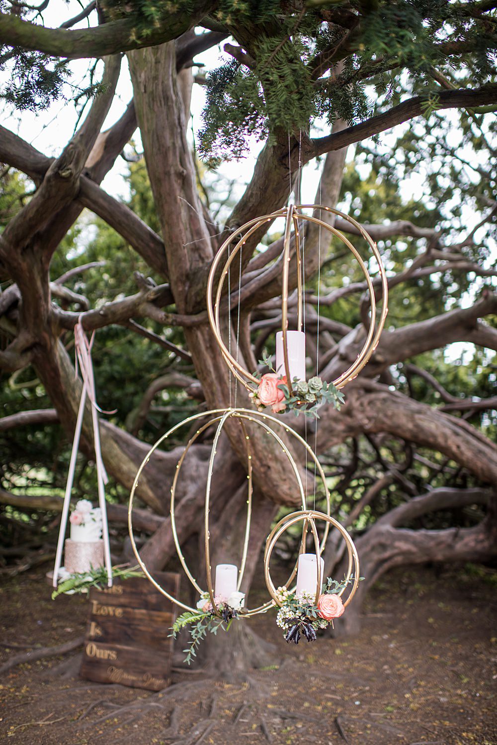Hanging Suspended Decor Orbs Candles Flowers Peach Gold Wedding Ideas Jane Beadnell Photography