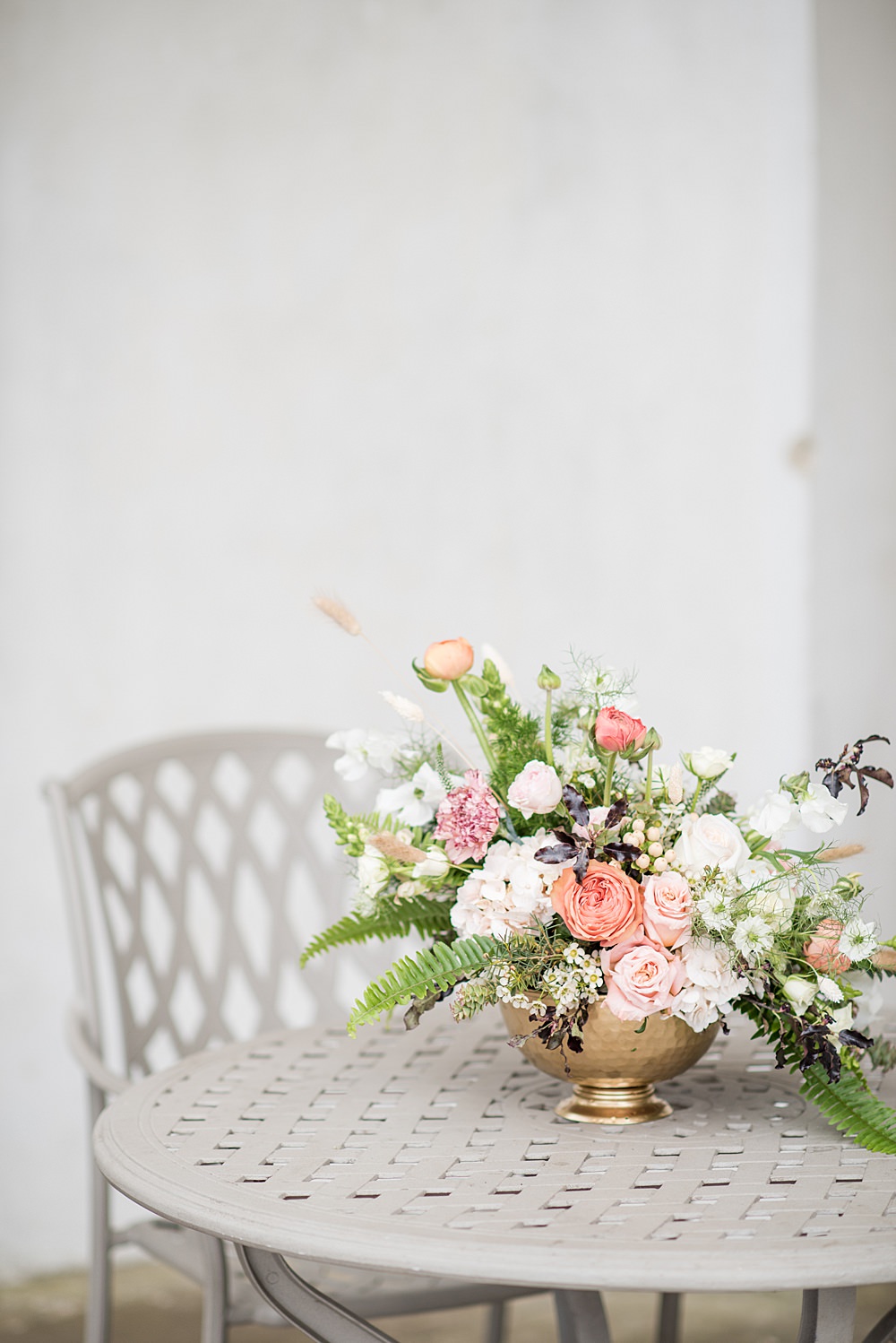 Flowers Urn Arrangement Floral Coral Greenery Foliage Rose Peach Gold Wedding Ideas Jane Beadnell Photography