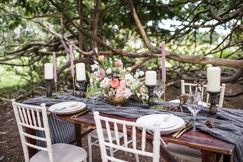 Table Tablescape Decor Decoration Grey Fur Velvet Ribbon Candles Flowers Animal Ornaments Peach Gold Wedding Ideas Jane Beadnell Photography