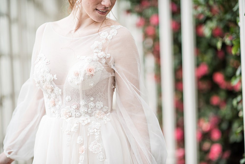 Dress Gown Bride Bridal Floral Tulle Sleeves Skirt Peach Gold Wedding Ideas Jane Beadnell Photography