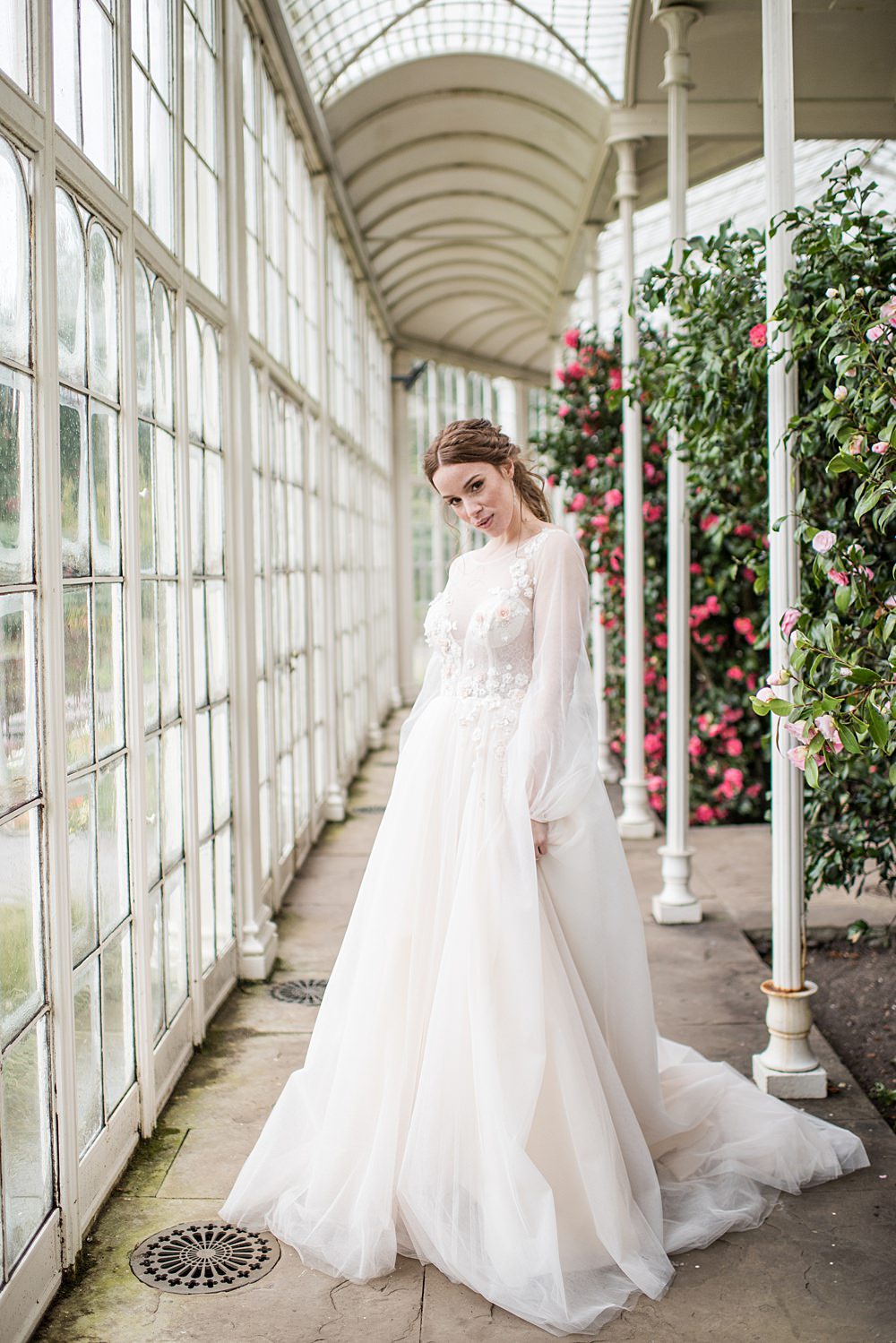 Dress Gown Bride Bridal Floral Tulle Sleeves Skirt Peach Gold Wedding Ideas Jane Beadnell Photography