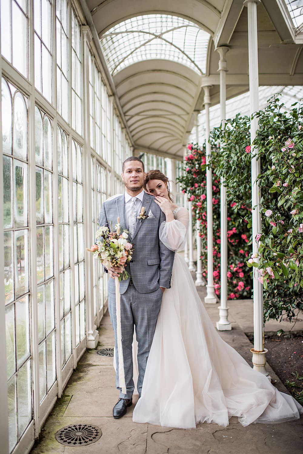 Groom Suit Grey Check Floral Tie Buttonhole Grass Peach Gold Wedding Ideas Jane Beadnell Photography