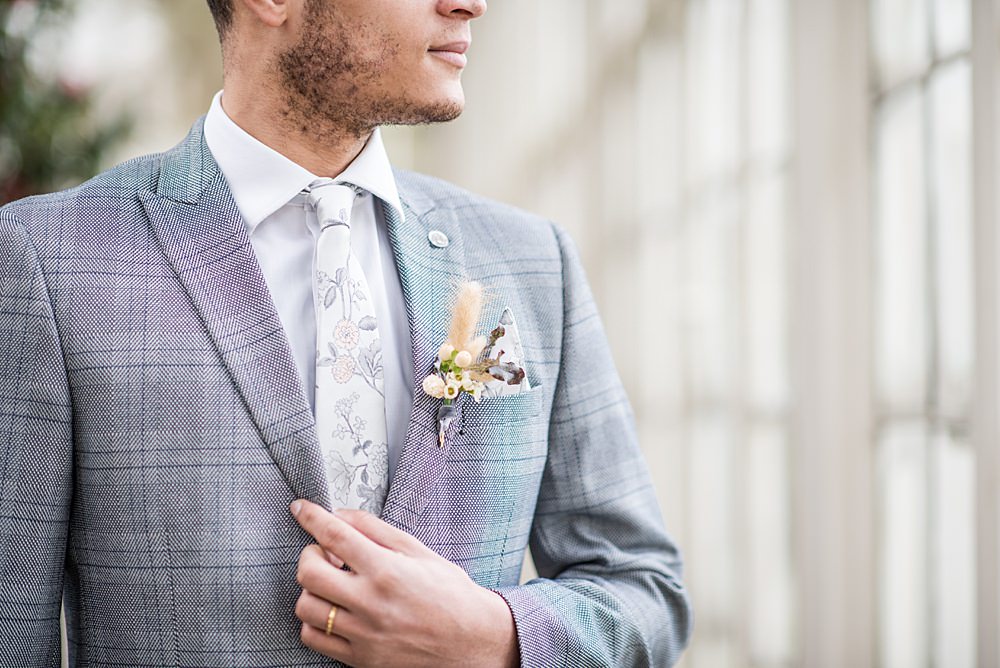 Groom Suit Grey Check Floral Tie Buttonhole Grass Peach Gold Wedding Ideas Jane Beadnell Photography