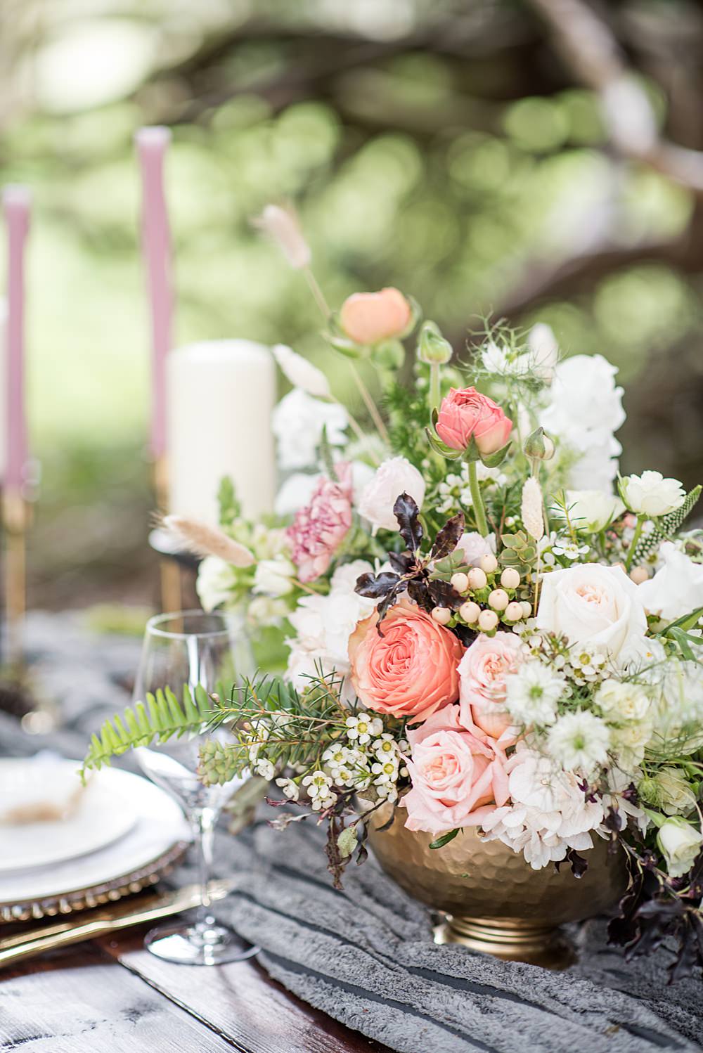 Flowers Urn Arrangement Floral Coral Greenery Foliage Rose Peach Gold Wedding Ideas Jane Beadnell Photography