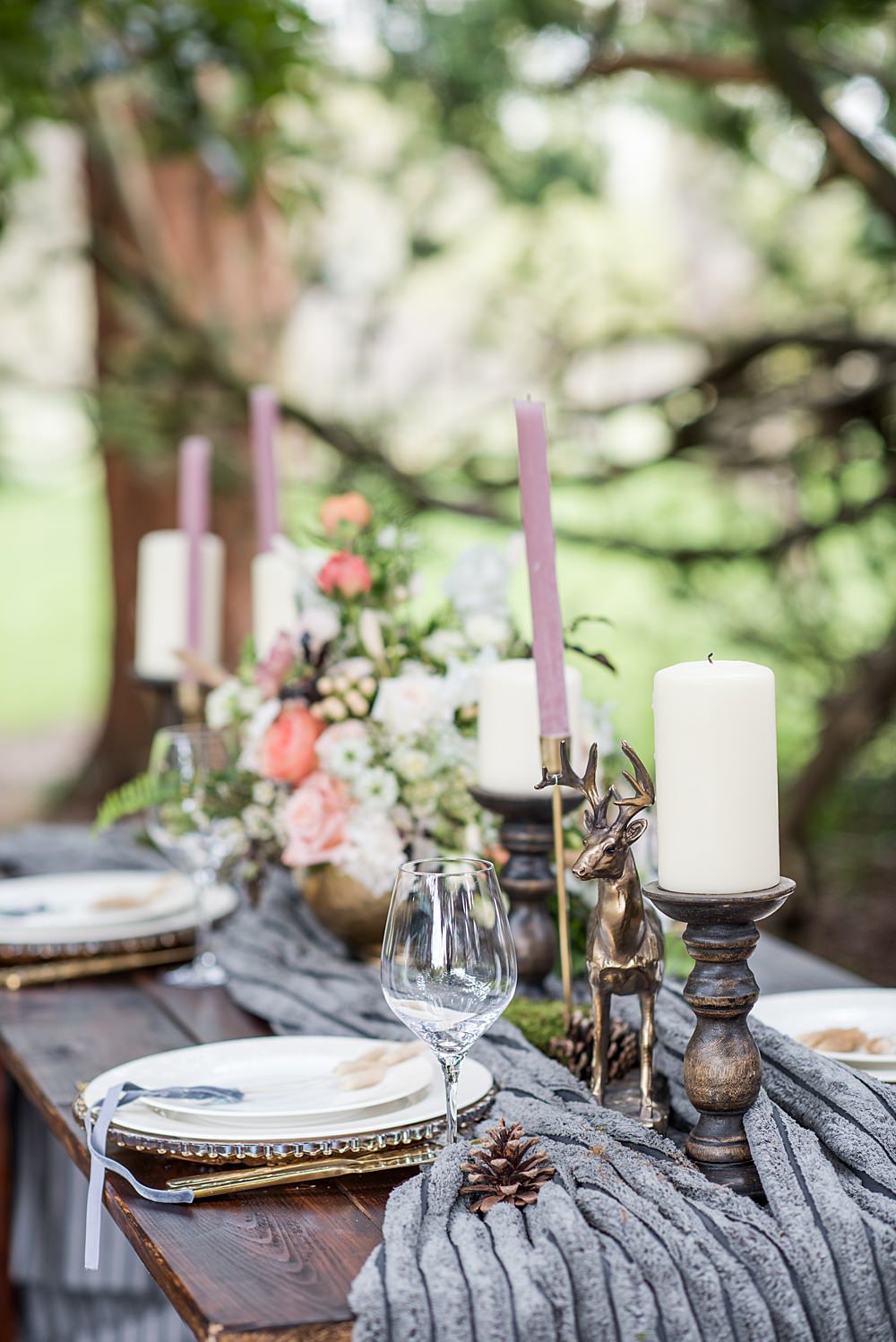 Table Tablescape Decor Decoration Grey Fur Velvet Ribbon Candles Flowers Animal Ornaments Peach Gold Wedding Ideas Jane Beadnell Photography