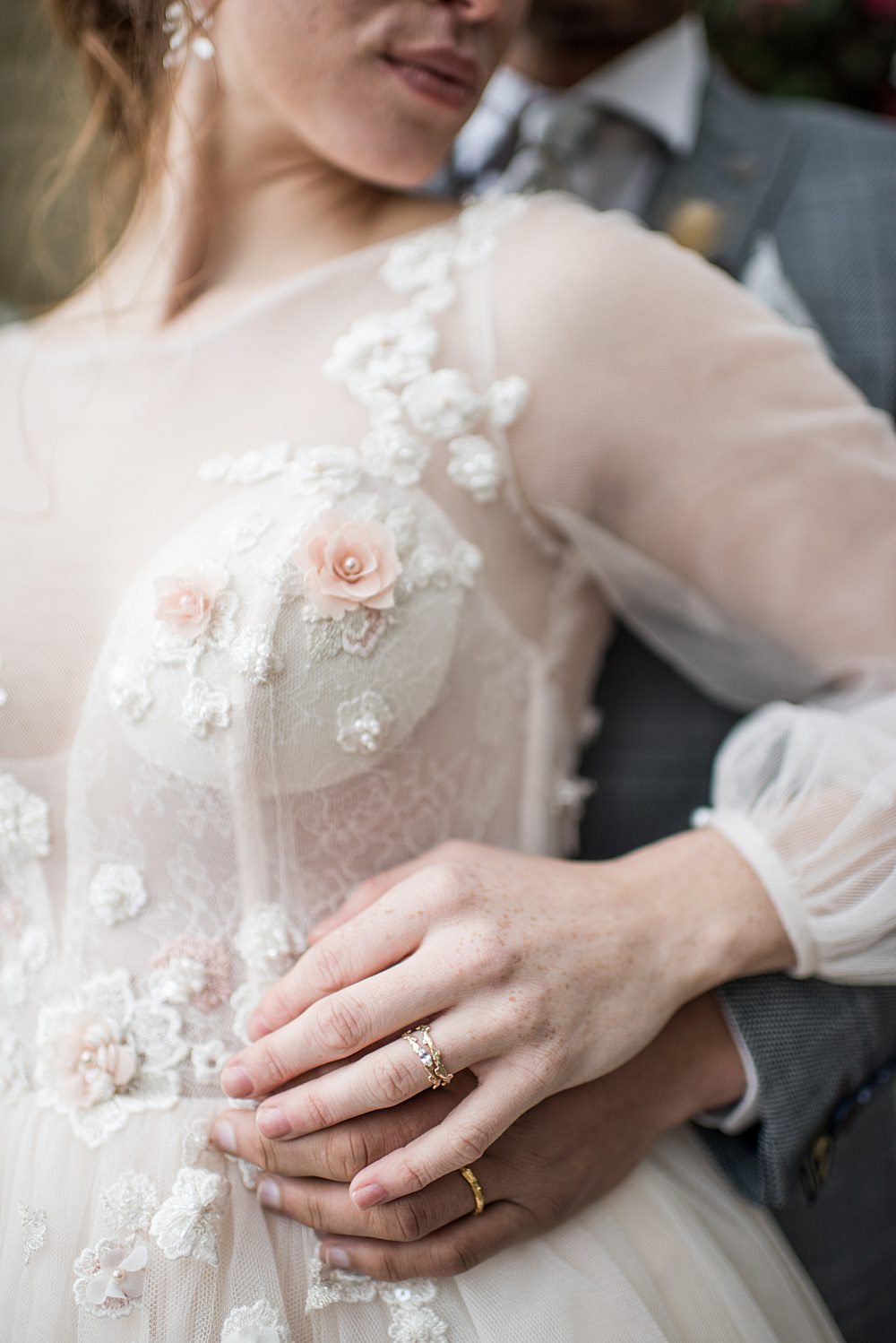 Dress Gown Bride Bridal Floral Tulle Sleeves Skirt Peach Gold Wedding Ideas Jane Beadnell Photography