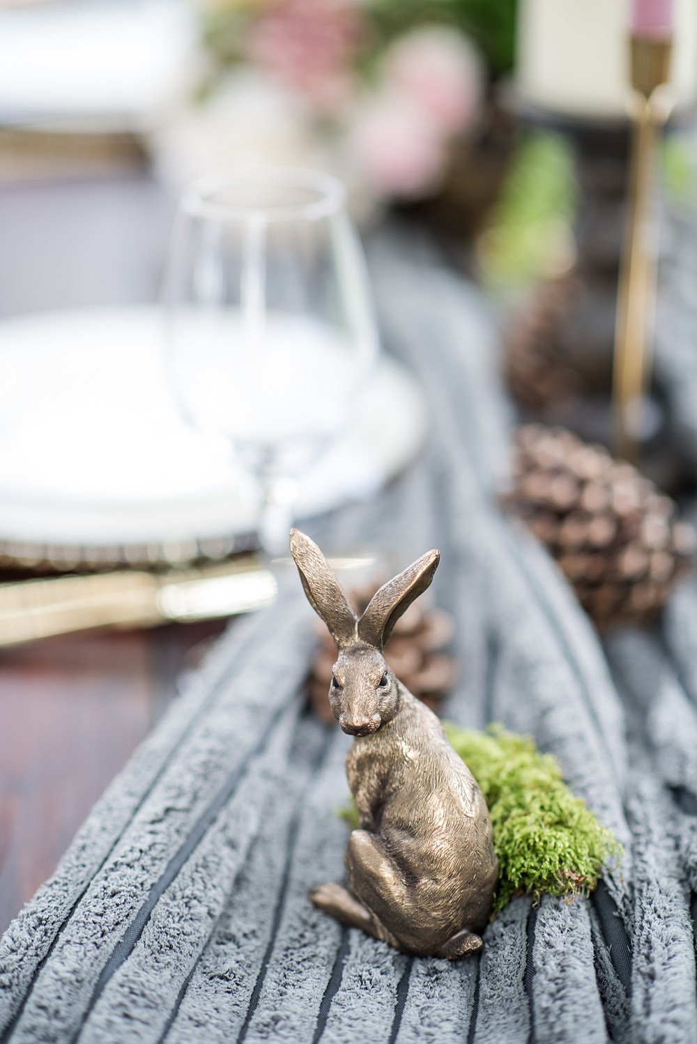 Table Tablescape Decor Decoration Grey Fur Velvet Ribbon Candles Flowers Animal Ornaments Peach Gold Wedding Ideas Jane Beadnell Photography