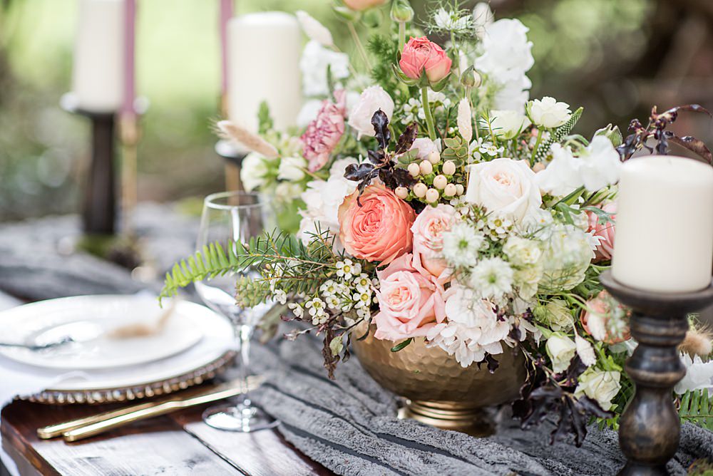Flowers Urn Arrangement Floral Coral Greenery Foliage Rose Peach Gold Wedding Ideas Jane Beadnell Photography