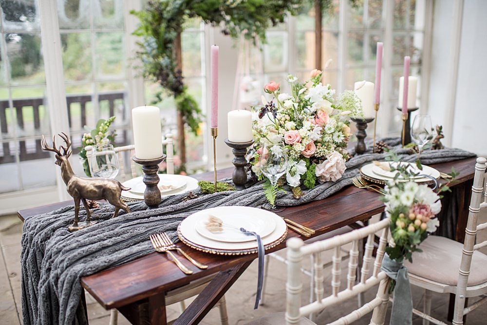 Table Tablescape Decor Decoration Grey Fur Velvet Ribbon Candles Flowers Animal Ornaments Peach Gold Wedding Ideas Jane Beadnell Photography