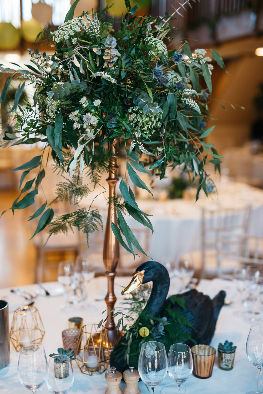 Table Centre Tall Pedestal Greenery Foliage Quirky Rustic Charm Wedding Justin Bailey Photography