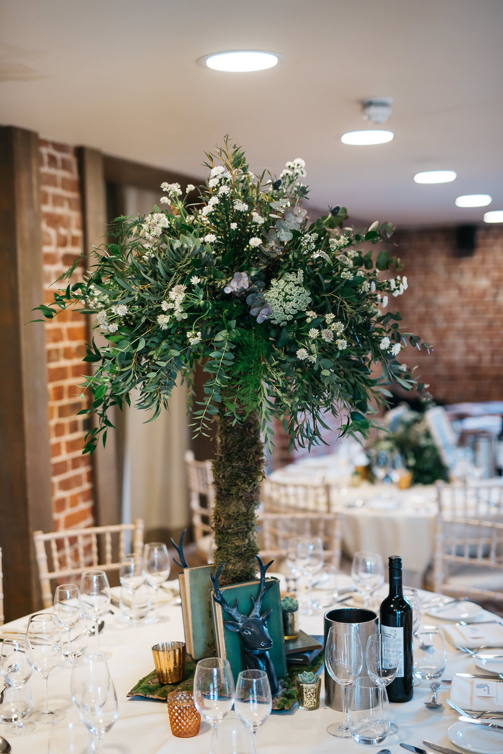 Tree Table Centre Moss Quirky Rustic Charm Wedding Justin Bailey Photography