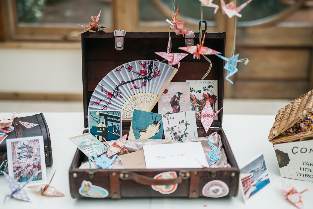 Japanese Card Vintage Suitcase Origami Paper Cranes Quirky Rustic Charm Wedding Justin Bailey Photography