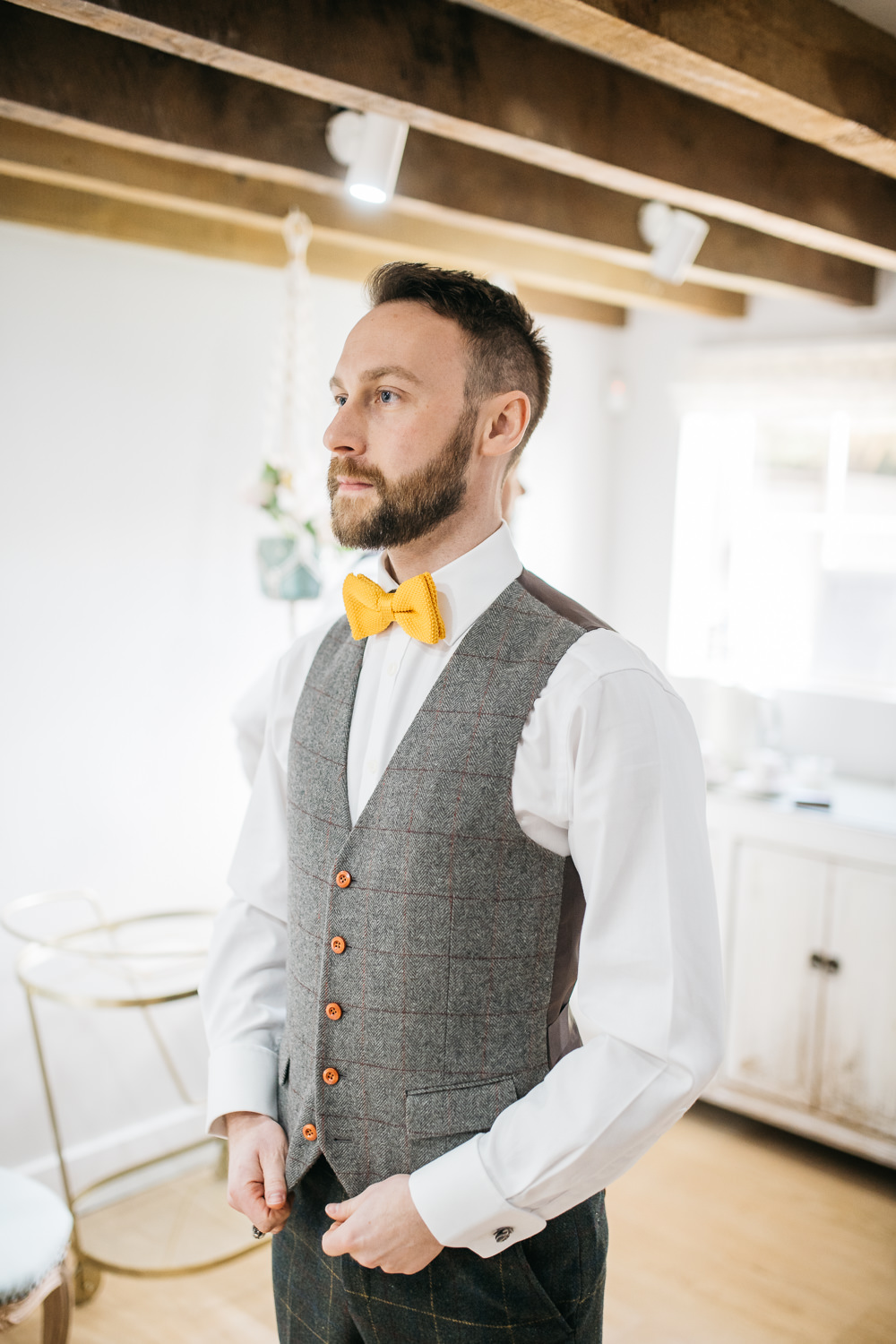 Tweed Waistcoat Groom Yellow Bow Tie Quirky Rustic Charm Wedding Justin Bailey Photography