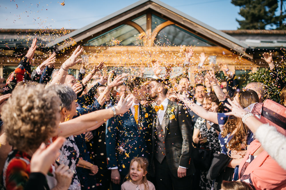 Checked Tweed Suit Three Piece Waistcoat Groom Yellow Bow Tie Blue Grey Confetti Quirky Rustic Charm Wedding Justin Bailey Photography