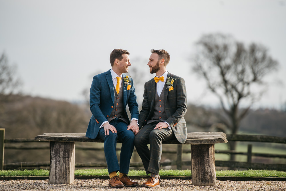 Checked Tweed Suit Three Piece Waistcoat Groom Yellow Bow Tie Blue Grey Quirky Rustic Charm Wedding Justin Bailey Photography