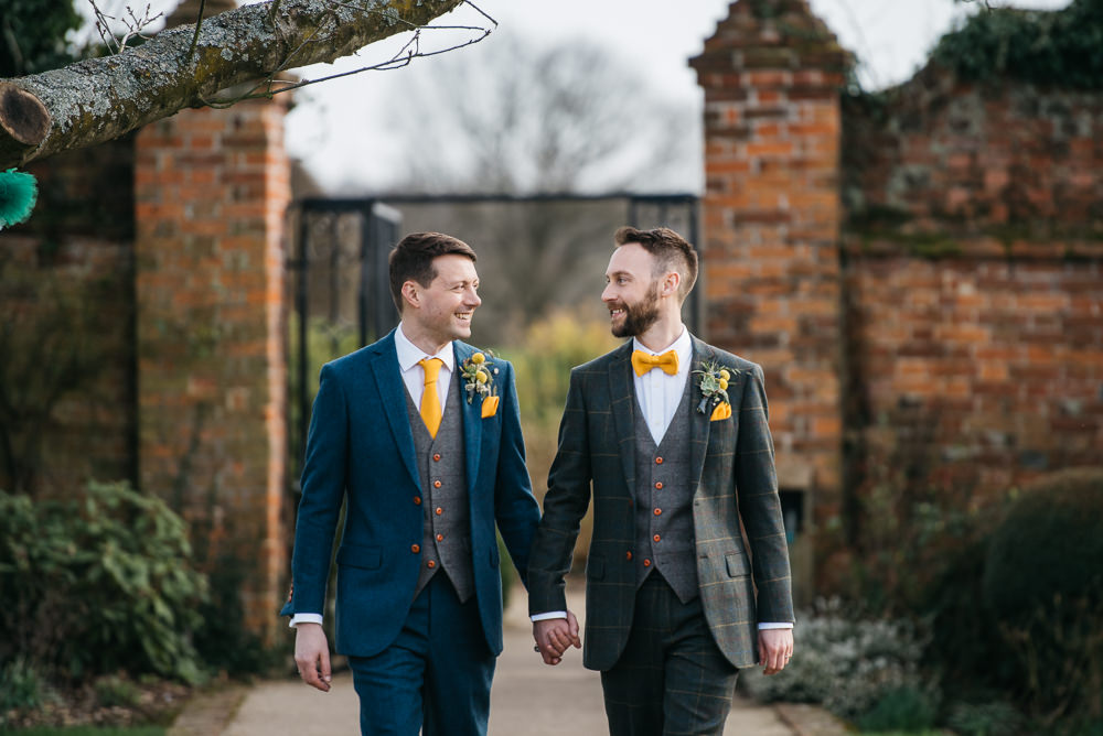 Checked Tweed Suit Three Piece Waistcoat Groom Yellow Bow Tie Blue Grey Quirky Rustic Charm Wedding Justin Bailey Photography