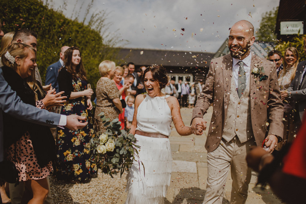 Bride Bridal Separates Fringed Skirt Charlie Brear Halter Neck Top Three Piece Suit Waistcoat Chinos Groom Confetti Rustic Country Barn Wedding Photography34