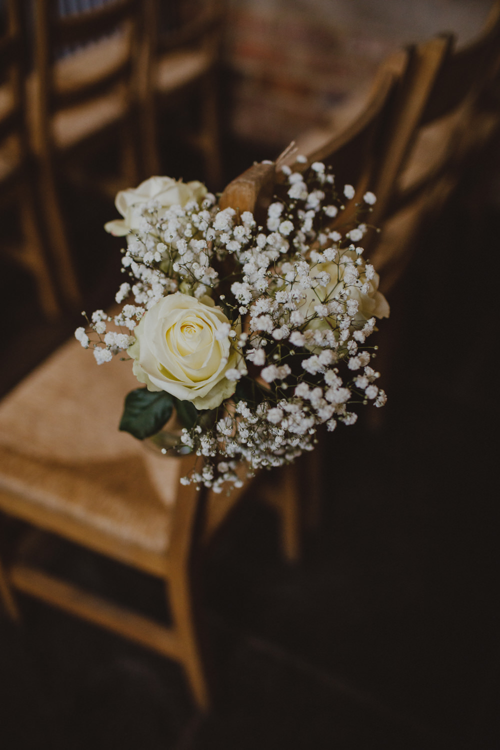 Gypsophila White Rose Pew End Aisle Decor Rustic Country Barn Wedding Photography34
