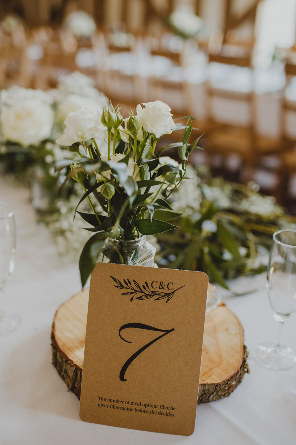 Table Number Wood Slice White Flowers Floral Rustic Country Barn Wedding Photography34
