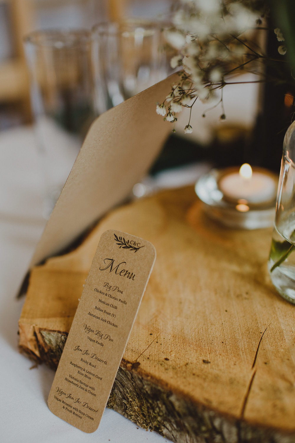 Menu Brown Paper Wood Slice Gypsophila Rustic Country Barn Wedding Photography34