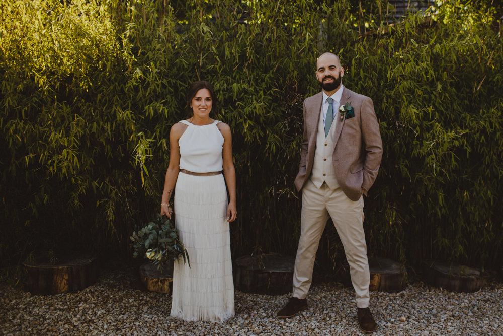 Bride Bridal Separates Fringed Skirt Charlie Brear Halter Neck Top Three Piece Suit Waistcoat Chinos Groom Rustic Country Barn Wedding Photography34