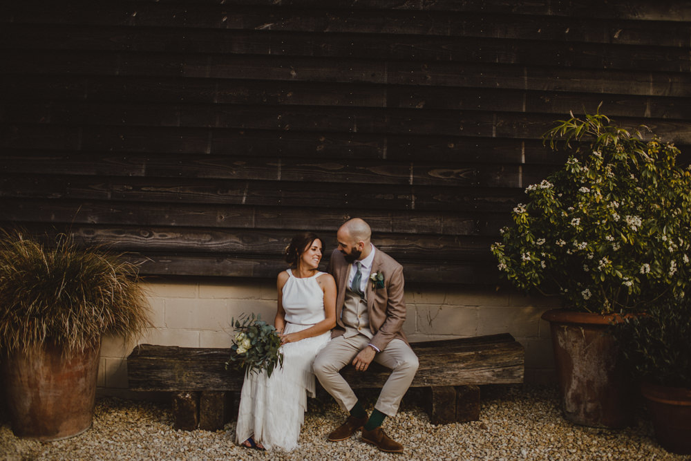 Bride Bridal Separates Fringed Skirt Charlie Brear Halter Neck Top Three Piece Suit Waistcoat Chinos Groom Green Tie Rustic Country Barn Wedding Photography34