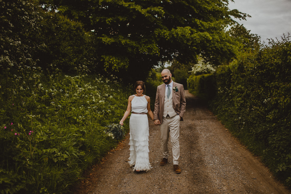 Bride Bridal Separates Fringed Skirt Charlie Brear Halter Neck Top Three Piece Suit Waistcoat Chinos Groom Rustic Country Barn Wedding Photography34