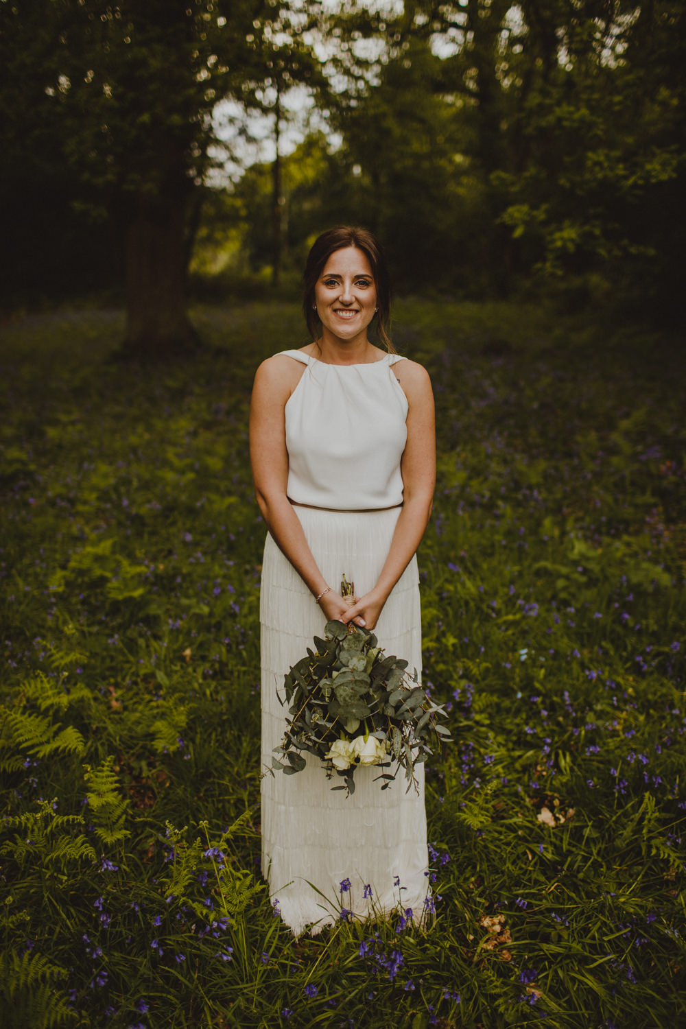 Bride Bridal Separates Fringed Skirt Charlie Brear Halter Neck Top Greenery Eucalyptus Bouquet Rustic Country Barn Wedding Photography34