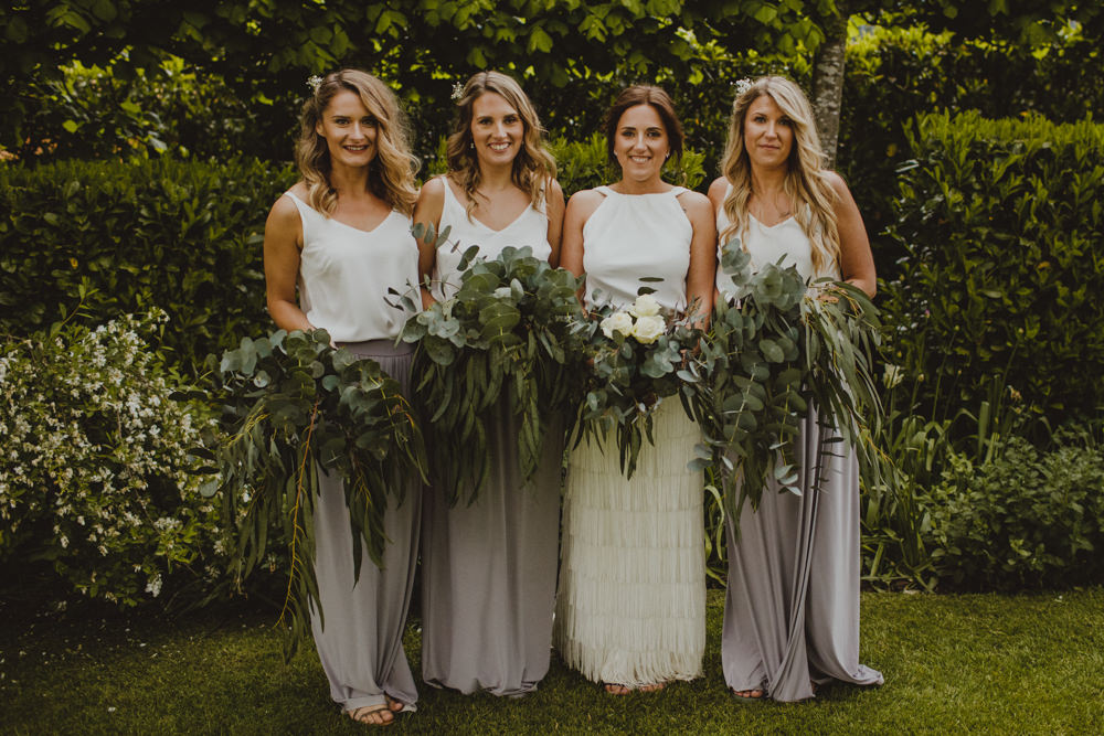 Bride Bridal Separates Fringed Skirt Charlie Brear Halter Neck Top Two Piece Bridesmaids Blush Skirt Greenery Eucalyptus Bouquet Rustic Country Barn Wedding Photography34