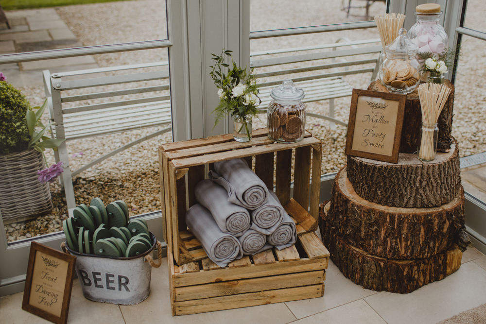 Smore Marshmallow Station Wood Slice Log Blankets Flip FLops Rustic Country Barn Wedding Photography34