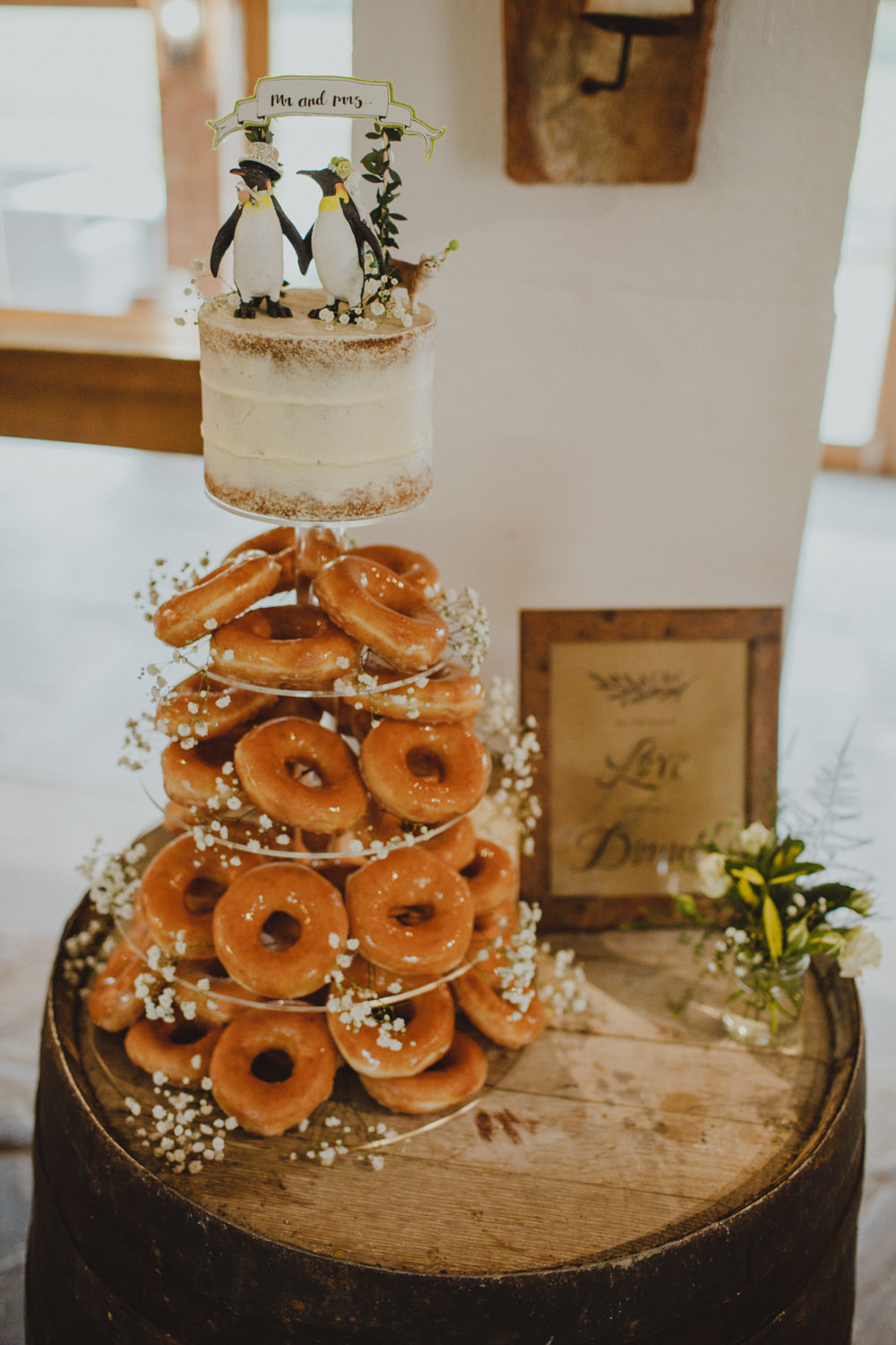 Donut Tier Cake Penguin Topper Gypsophila Stand Barrel Rustic Country Barn Wedding Photography34