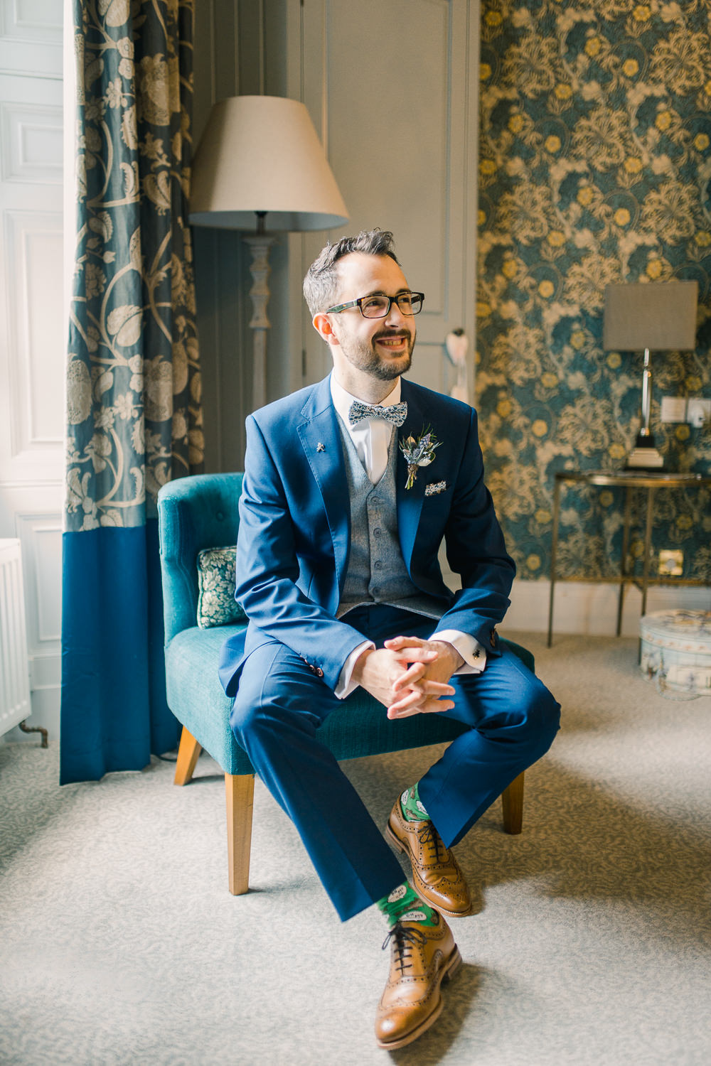 Groom Suit Navy Blue Waistcoat Bow Tie Saltmarshe Hall Wedding Jessica Davies Photography