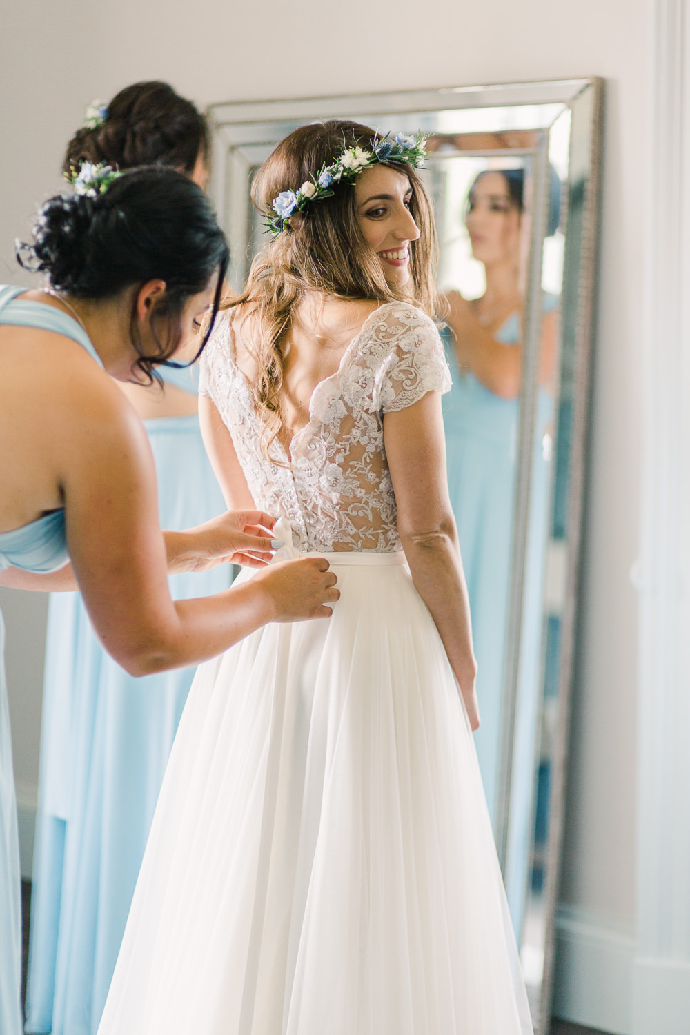 Bride Bridal Dress Gown Lace Top Back Cap Sleeves Tulle Skirt Saltmarshe Hall Wedding Jessica Davies Photography