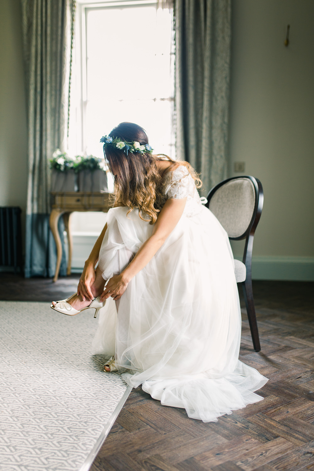 Bride Bridal Dress Gown Lace Top Back Cap Sleeves Tulle Skirt Saltmarshe Hall Wedding Jessica Davies Photography