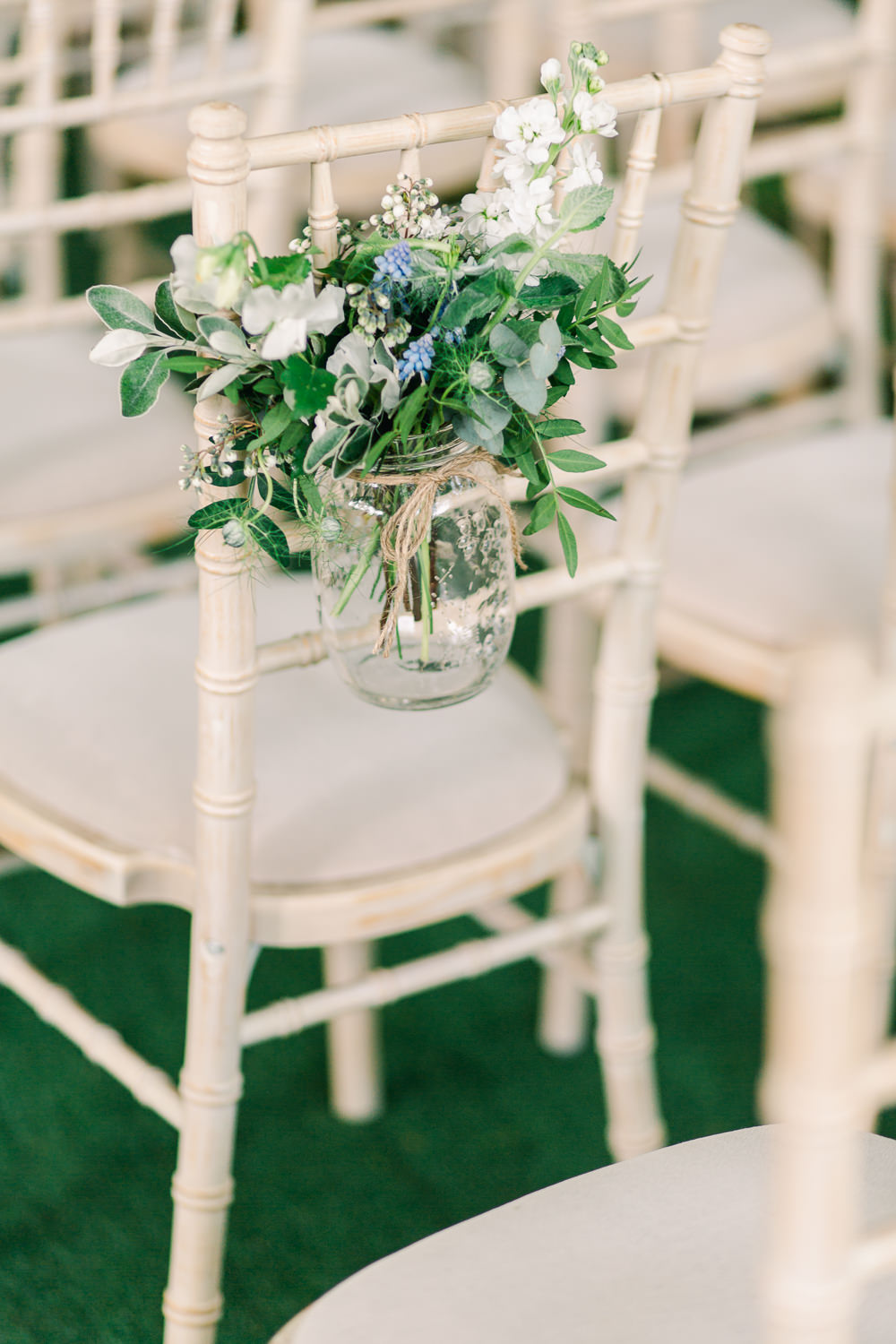 Chair Flowers Ceremony Aisle Jar Greenery Foliage Saltmarshe Hall Wedding Jessica Davies Photography
