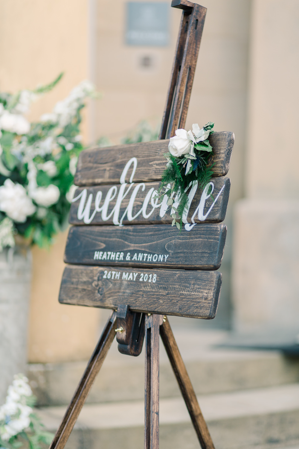 Welcome Sign Wooden Calligraphy Flowers Signage Saltmarshe Hall Wedding Jessica Davies Photography