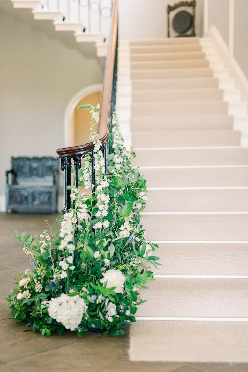 Staircase Stairs Flowers Banister Greenery Foliage Saltmarshe Hall Wedding Jessica Davies Photography