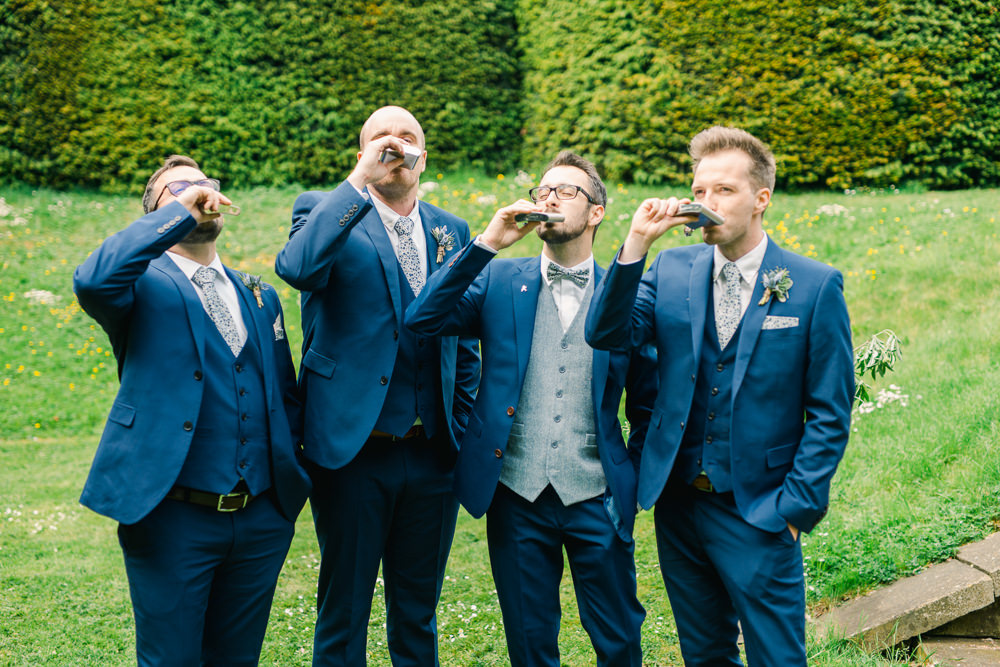 Groom Suit Navy Blue Waistcoat Bow Tie Groomsmen Saltmarshe Hall Wedding Jessica Davies Photography