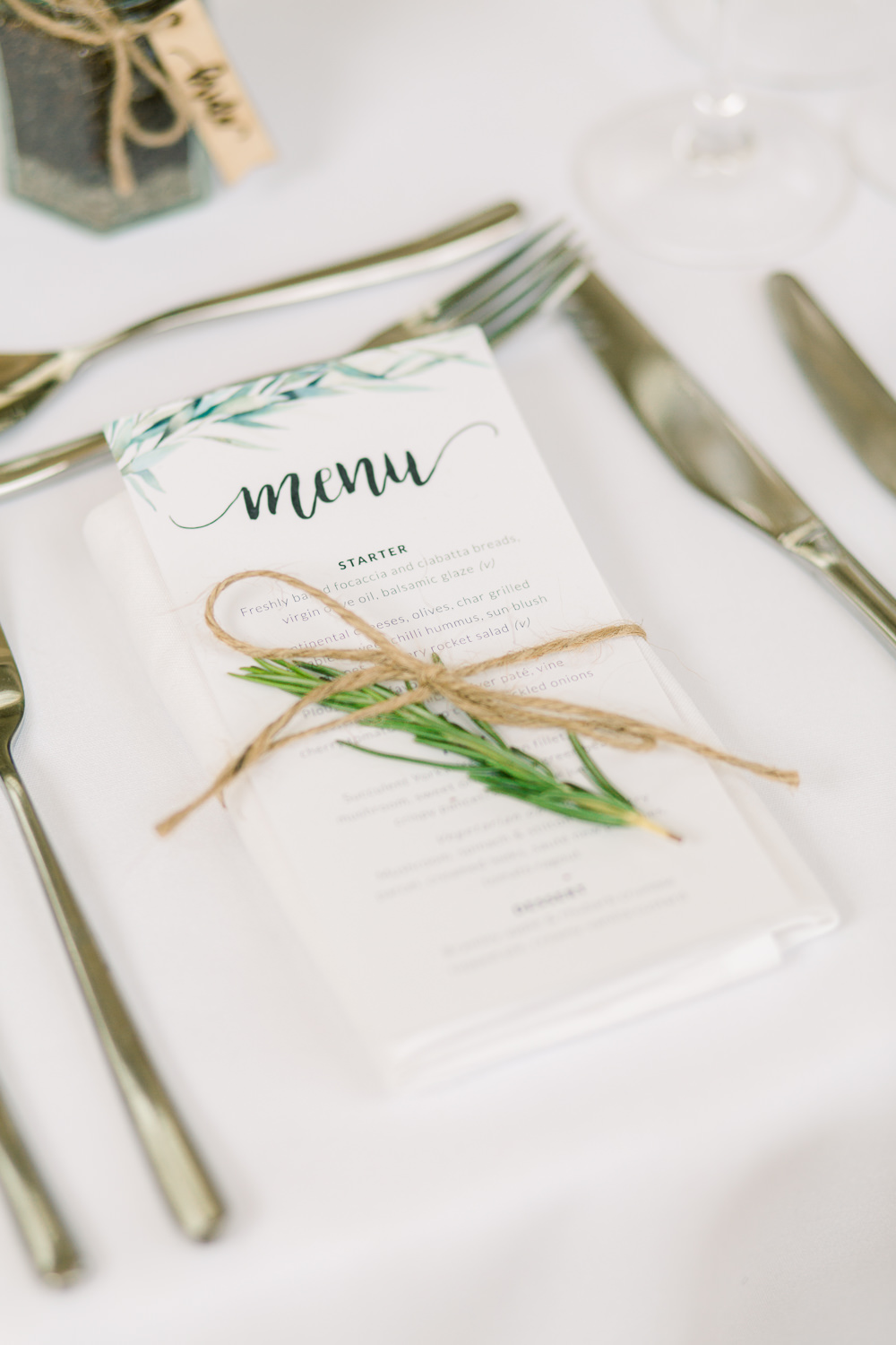 Botanical Menu Place Setting Twine Rosemary Saltmarshe Hall Wedding Jessica Davies Photography