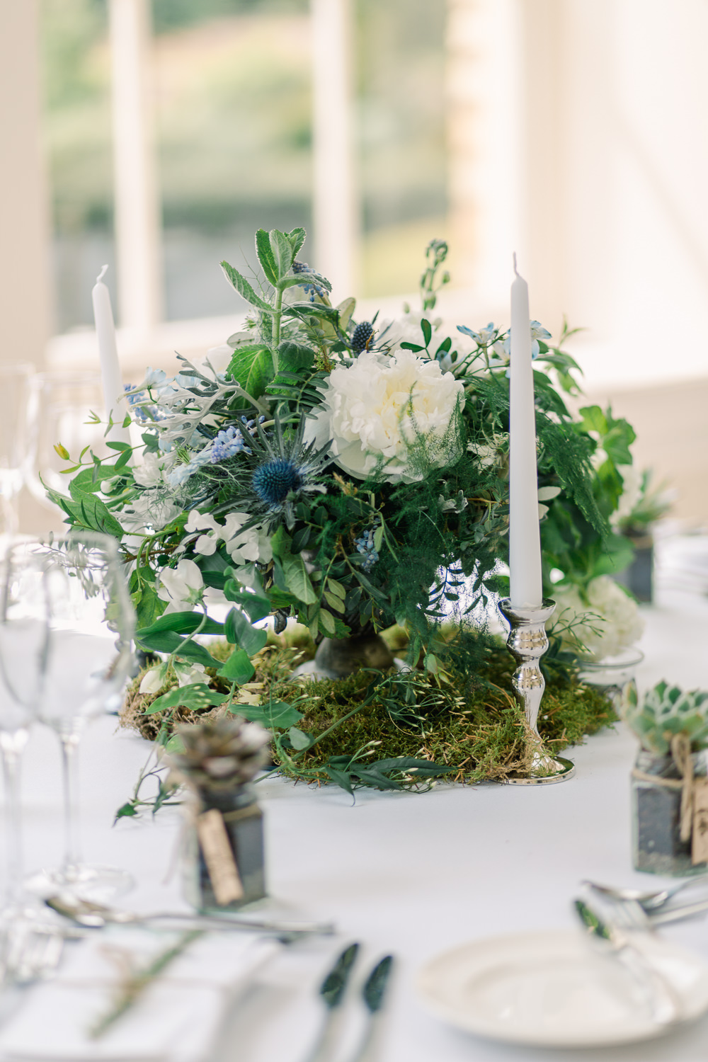 Centrepiece Flowers Table Decor Candles Moss Peony Thisle Greenery Foliage Saltmarshe Hall Wedding Jessica Davies Photography