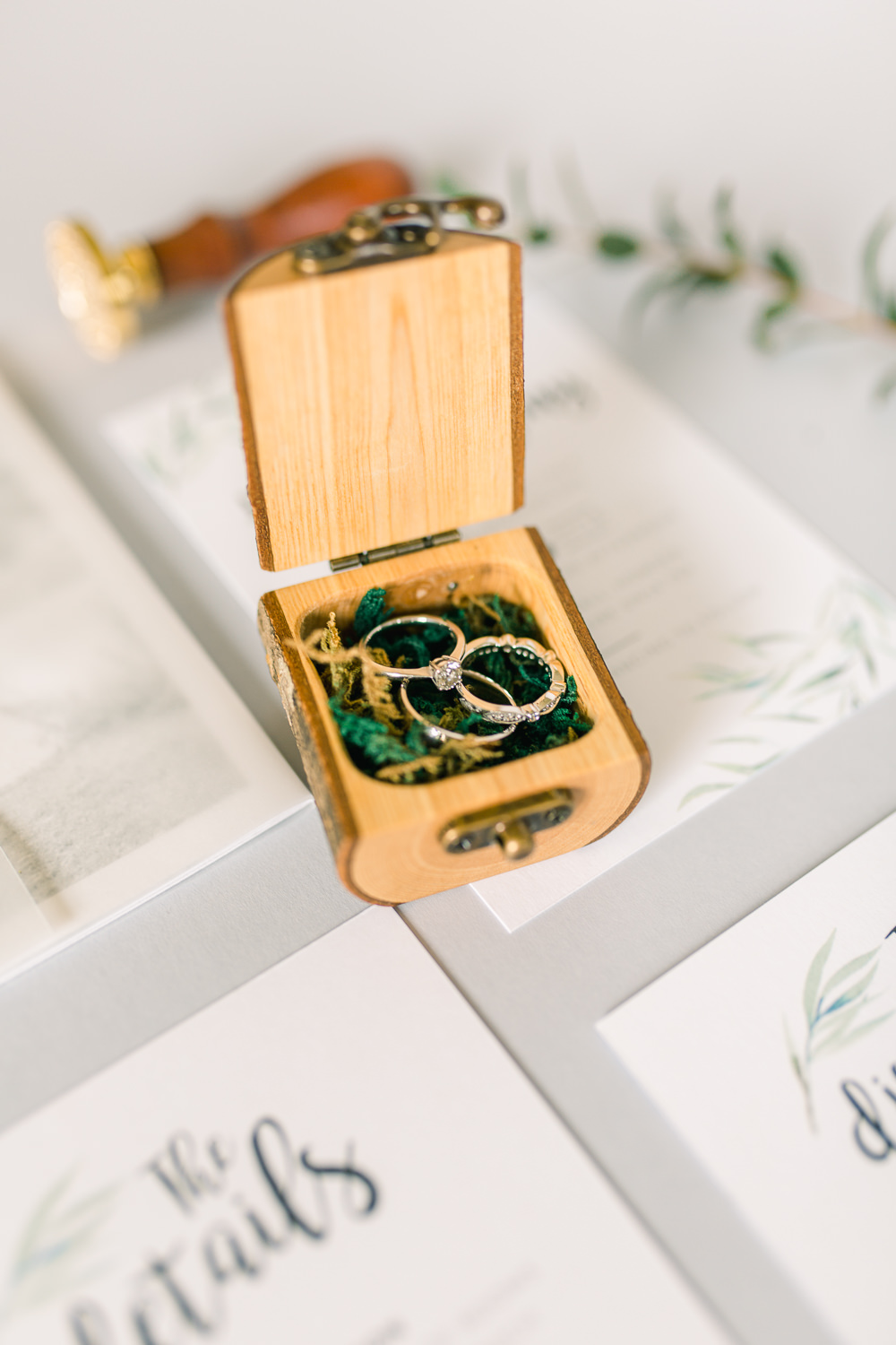Wooden Ring Box Moss Saltmarshe Hall Wedding Jessica Davies Photography