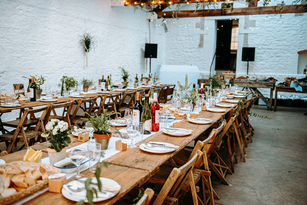 Long Wooden Tables Decor Decoration Chairs Pot Plants Greenery Foliage Rustic Silk Mill Wedding Andrew Brannan Photography
