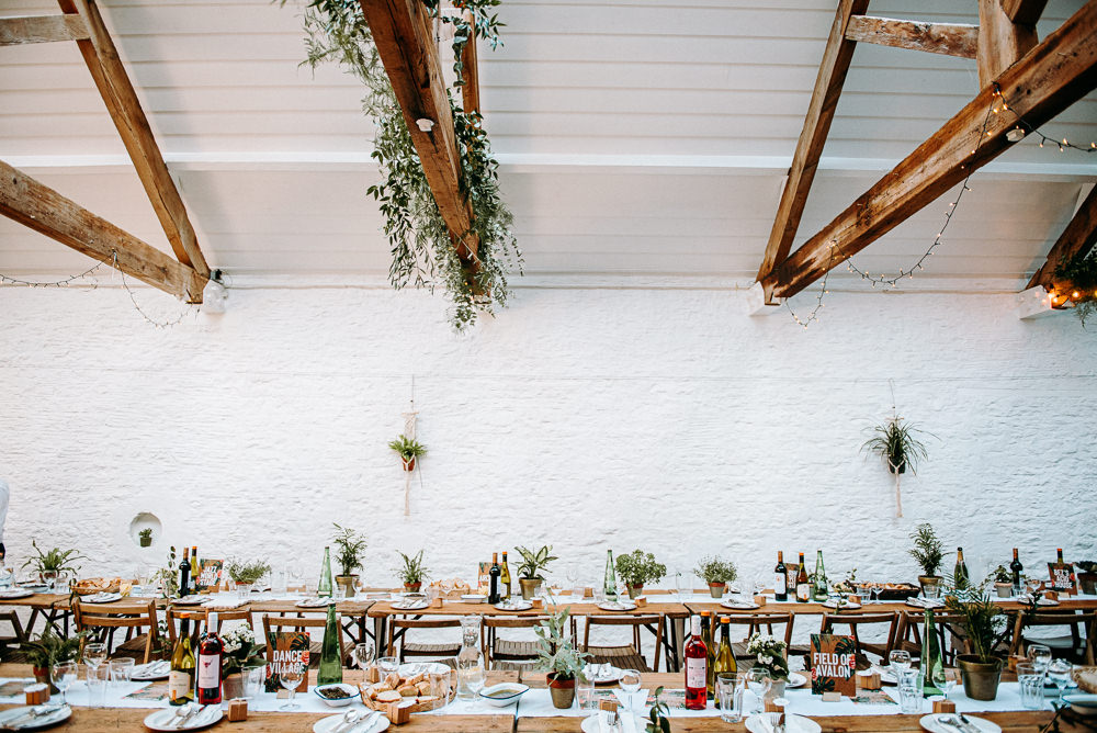 Long Wooden Tables Decor Decoration Chairs Pot Plants Greenery Foliage Rustic Silk Mill Wedding Andrew Brannan Photography