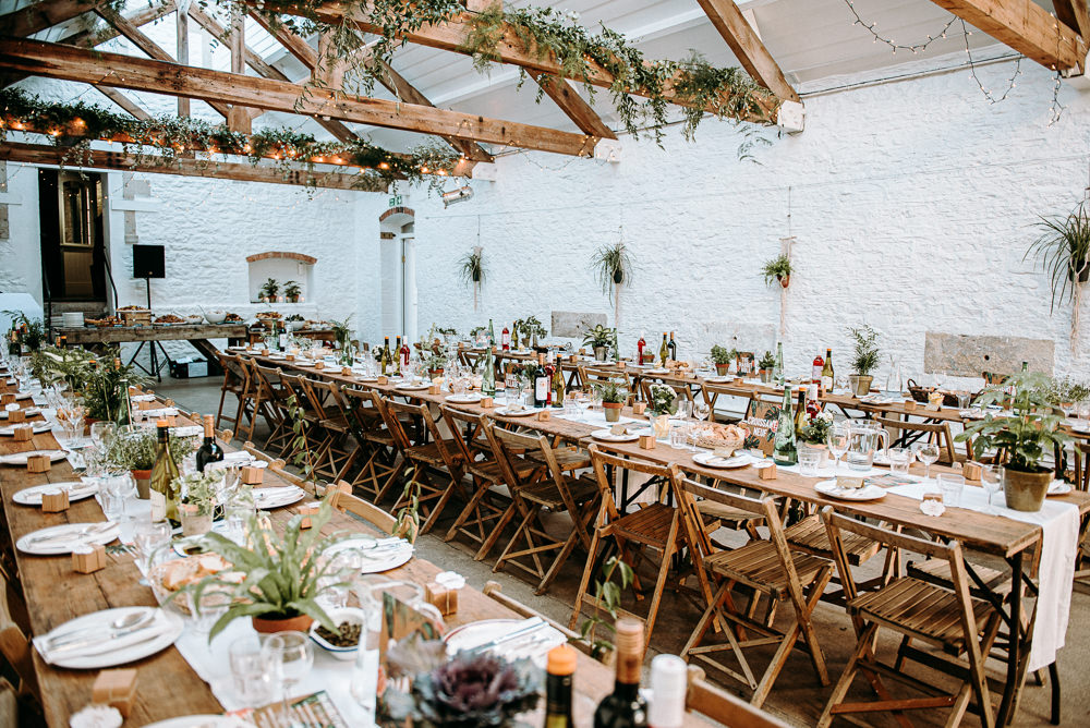Long Wooden Tables Decor Decoration Chairs Pot Plants Greenery Foliage Rustic Silk Mill Wedding Andrew Brannan Photography