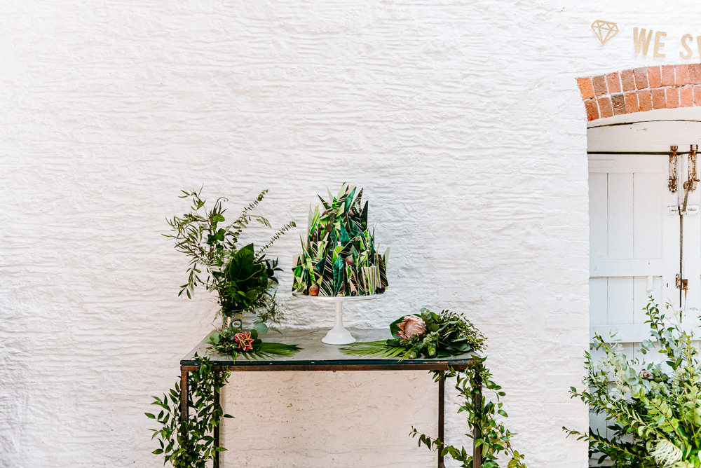 Cake Greenery Plants Tropical Botanical Green Table Silk Mill Wedding Andrew Brannan Photography