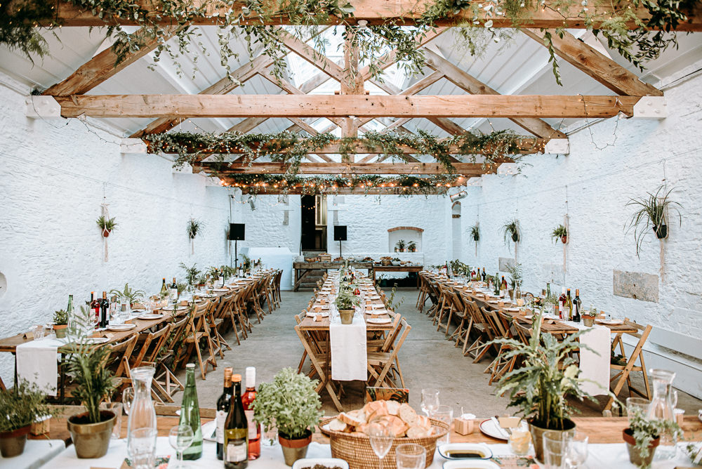 Long Wooden Tables Decor Decoration Chairs Pot Plants Greenery Foliage Rustic Silk Mill Wedding Andrew Brannan Photography