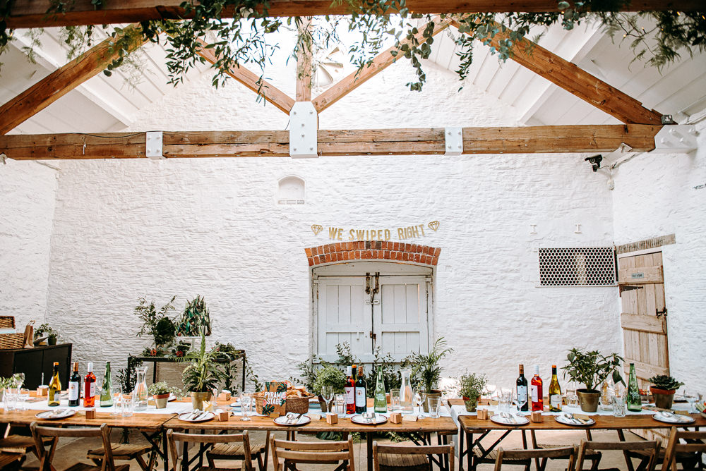 Long Wooden Tables Decor Decoration Chairs Pot Plants Greenery Foliage Rustic Silk Mill Wedding Andrew Brannan Photography