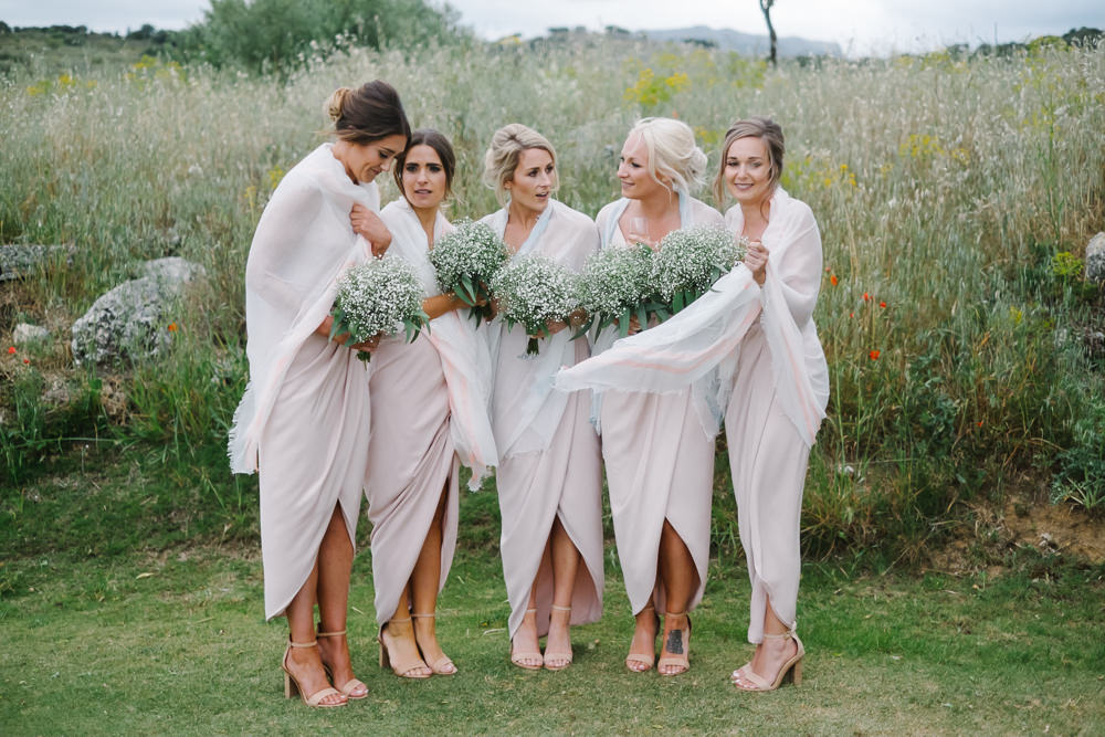 Bridesmaids Bridesmaid Dress Dresses Pink Midi Baby Breath Gyp Gypsophila Bouquets Flowers Shawls Spain Destination Wedding Jesus Caballero Photography