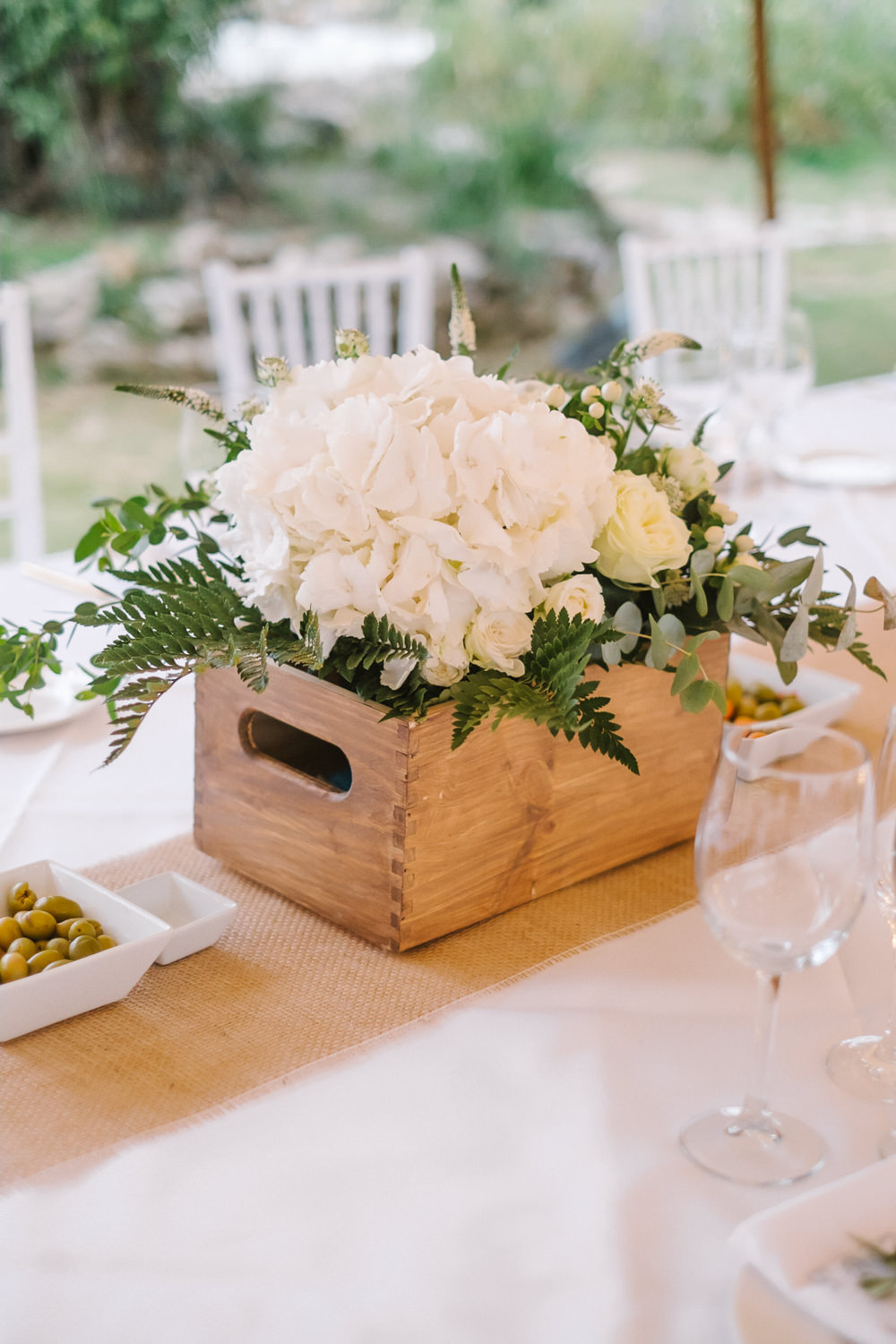 Crate Wooden Box Flowers Centrpiece Table Decor Hydrangea Rose Greenery Foliage Spain Destination Wedding Jesus Caballero Photography
