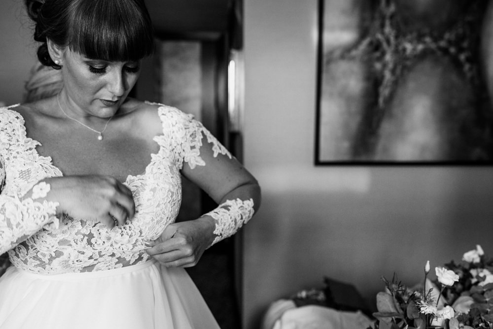 Dress Gown Bride Bridal Paloma Blanca Long Sleeves Lace Trinity Buoy Wharf Wedding Babb Photo
